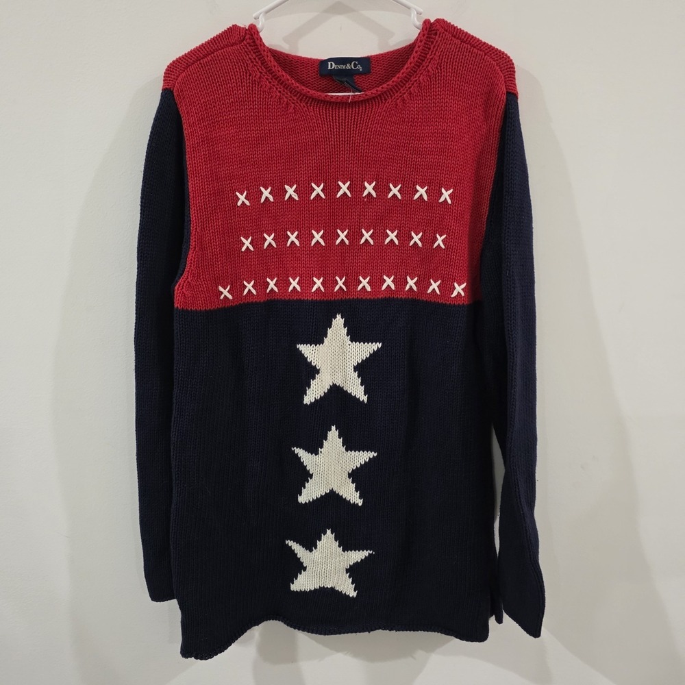 Denim And Co Womens Patriotic Roll Neck Sweater Size Medium American Flag